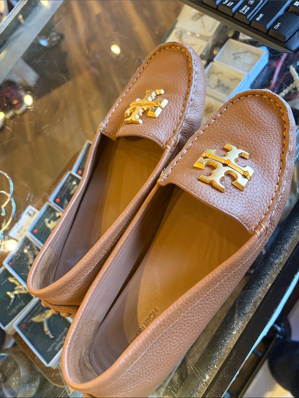 Tory Burch Tan Leather Logo Penny Loafers